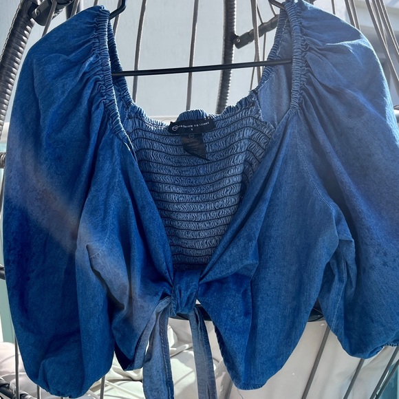 Plus Sz 1X Bow Front Tie Denim Crop Top 100% Cotton - Picture 12 of 12